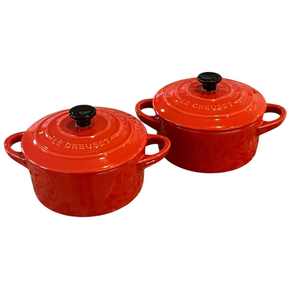 NWT Lot of 2 Le Creuset Mini‎ 4" Round Cocotte 10cm Carmin Color w/Black Knob